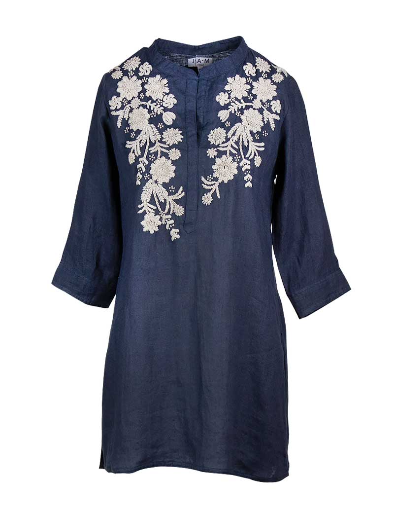 Embroidered Tunic | Navy Hand Embroidered Linen Tunic | Bleue