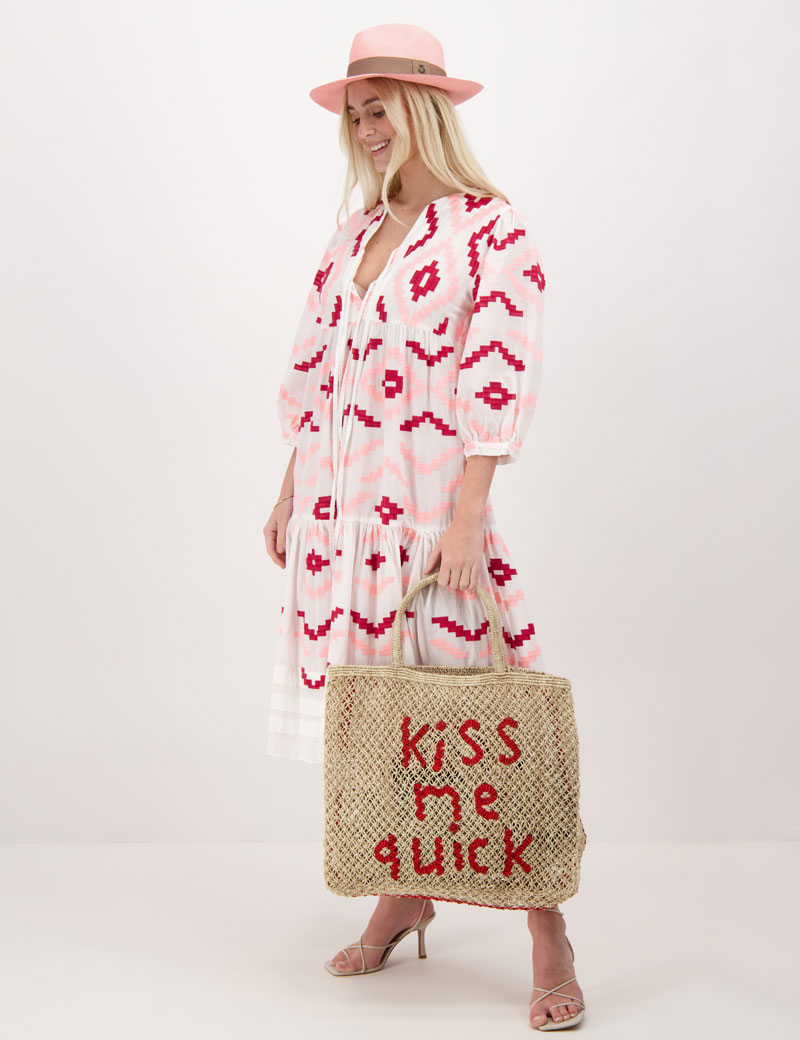 The Jacksons Natural And Scarlet Kiss Me Quick Jute Bag in Pink